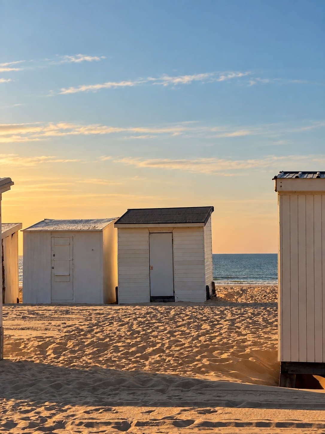 Aux Délices Tunisiens — cabines de plage au coucher du soleil